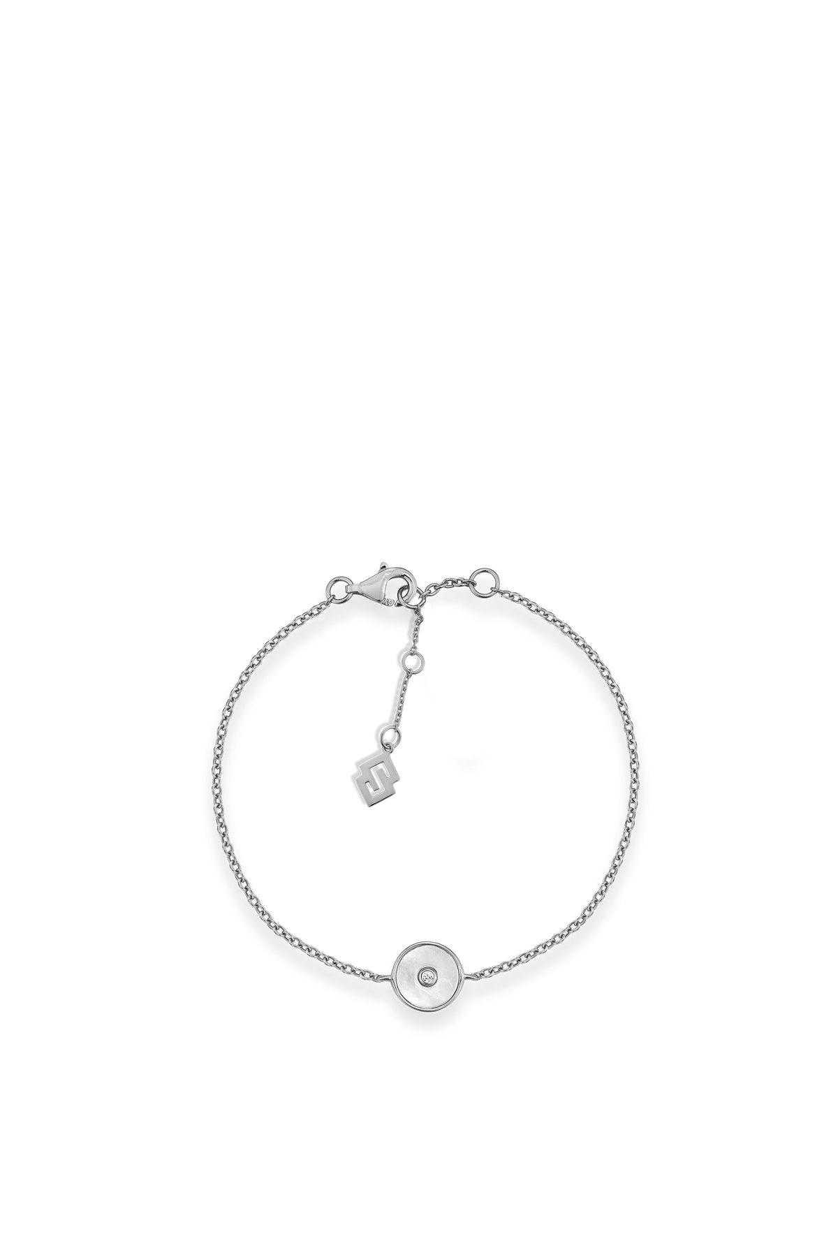Minx Shell Bracelet in sterling silver with mother of pearl and conscious diamond charm