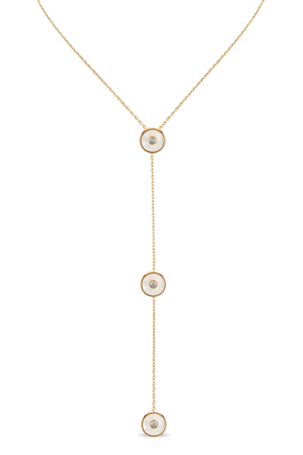 Minx Shell Lariat in 18K gold vermeil with three mother of pearl and conscious diamond drops