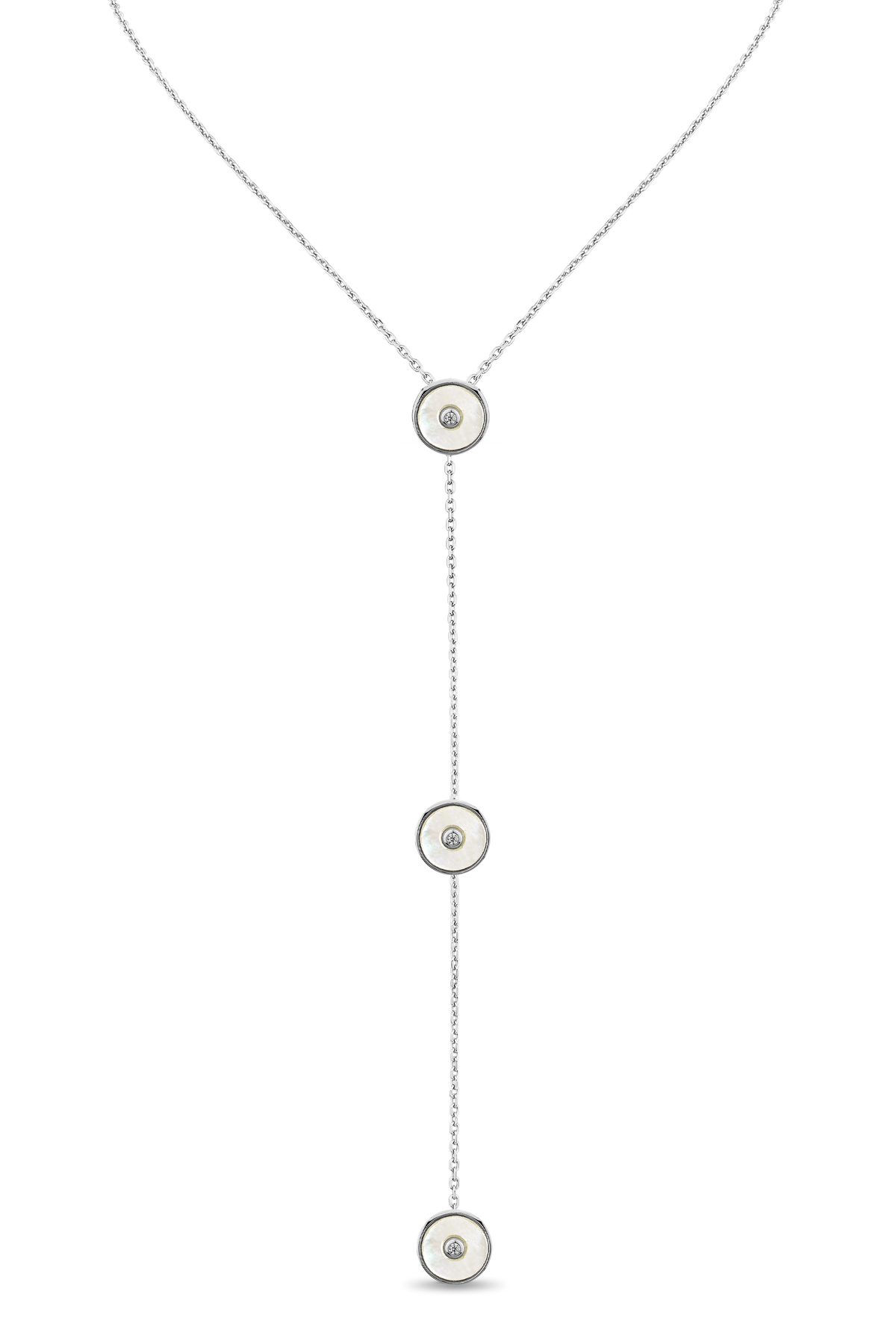 Minx Shell Lariat in sterling silver with three mother of pearl and conscious diamond drops